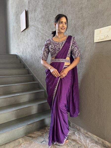  Ready To Wear Chinon Embroidery Work Saree With Stitched Blouse Ready To Wear Sarees