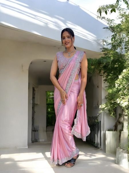 Ready To Wear Chinon Embroidery Work Saree With Stitched Blouse Ready To Wear Sarees