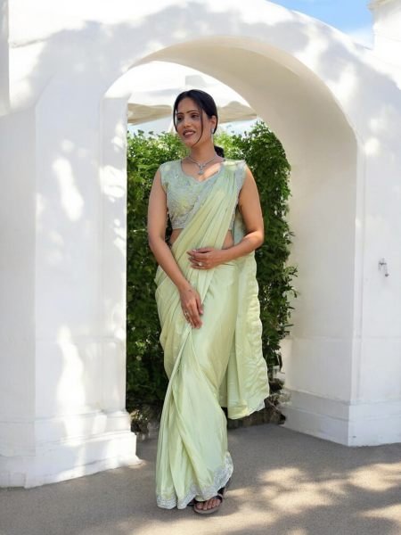 Ready To Wear Chinon Embroidery Work Saree With Stitched Blouse Ready To Wear Sarees