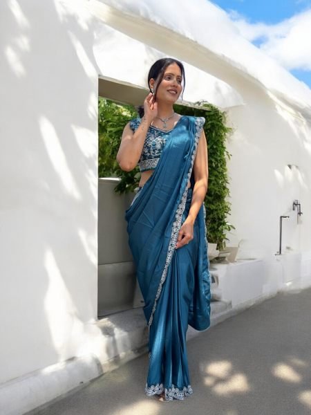 Ready To Wear Chinon Embroidery Work Saree With Stitched Blouse Ready To Wear Sarees