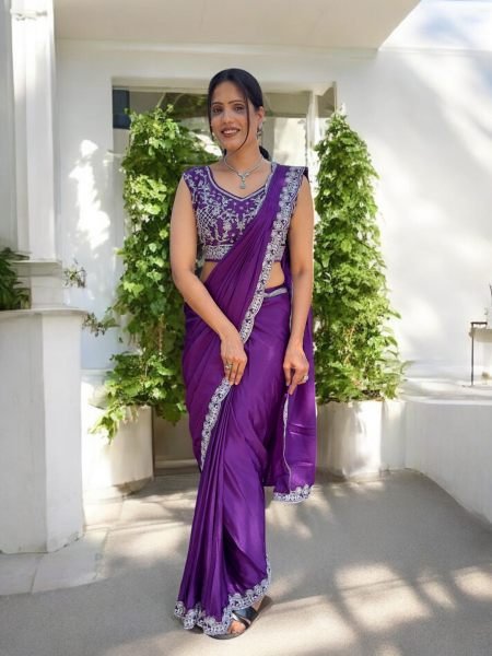 Ready To Wear Chinon Embroidery Work Saree With Stitched Blouse Ready To Wear Sarees
