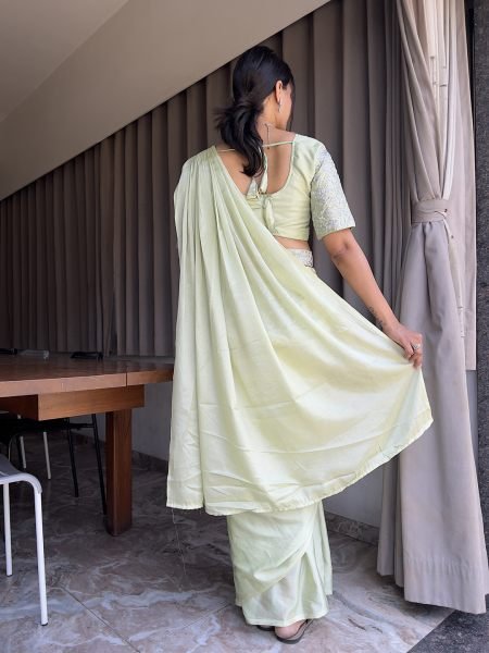 Ready To Wear Chinon Embroidery Work Saree With Stitched Blouse Ready To Wear Sarees