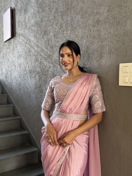  Ready To Wear Chinon Embroidery Work Saree With Stitched Blouse Ready To Wear Sarees