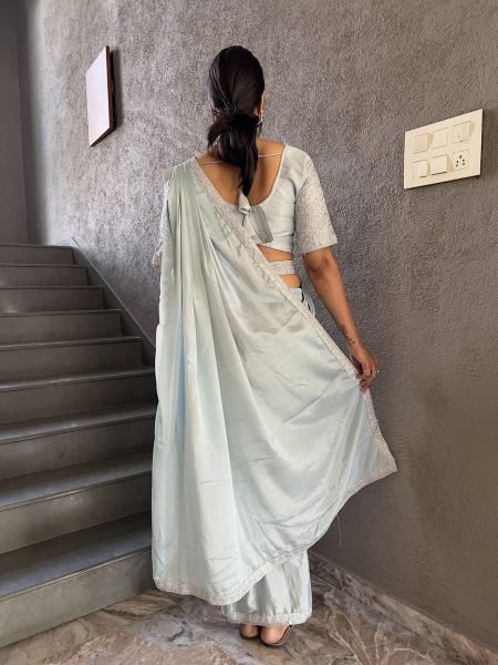  Ready To Wear Chinon Embroidery Work Saree With Stitched Blouse Ready To Wear Sarees