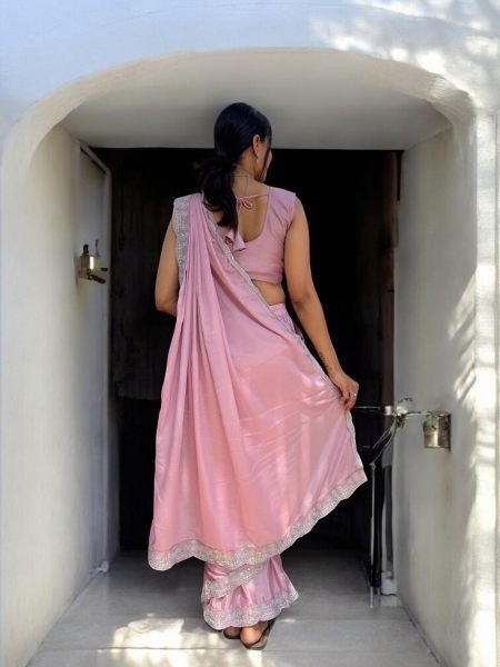 Ready To Wear Chinon Embroidery Work Saree With Stitched Blouse Ready To Wear Sarees