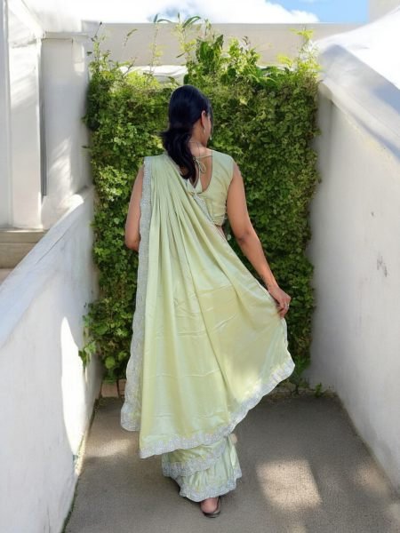 Ready To Wear Chinon Embroidery Work Saree With Stitched Blouse Ready To Wear Sarees