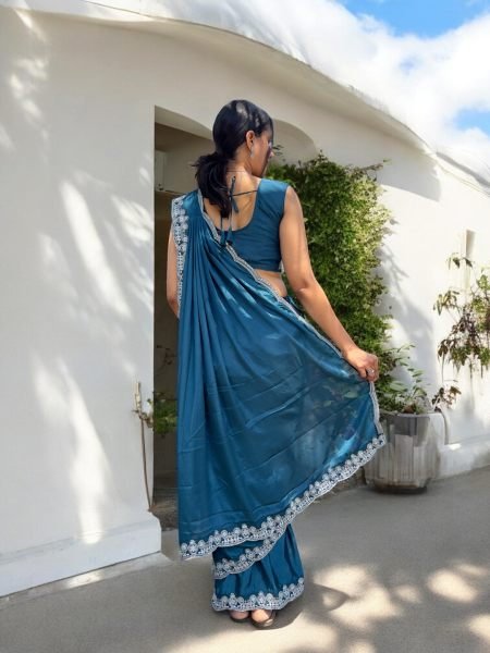 Ready To Wear Chinon Embroidery Work Saree With Stitched Blouse Ready To Wear Sarees