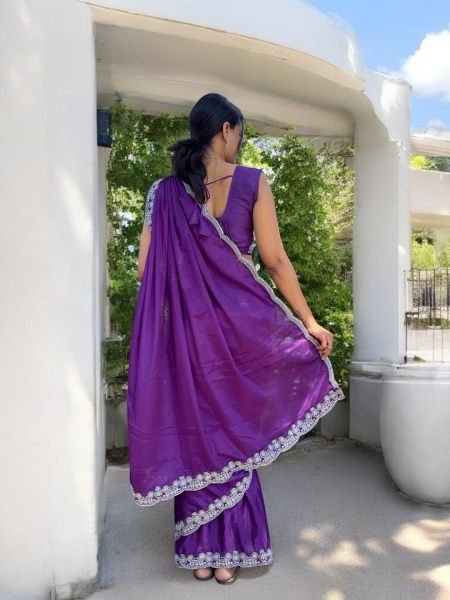 Ready To Wear Chinon Embroidery Work Saree With Stitched Blouse Ready To Wear Sarees