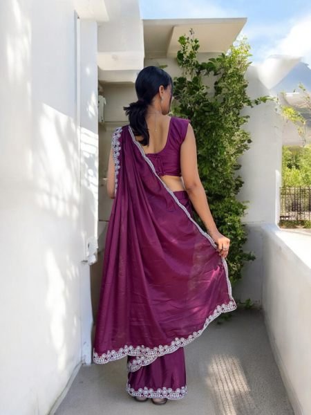 Ready To Wear Chinon Embroidery Work Saree With Stitched Blouse Ready To Wear Sarees