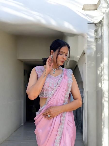 Ready To Wear Chinon Embroidery Work Saree With Stitched Blouse Ready To Wear Sarees