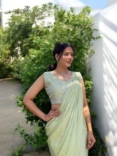 Ready To Wear Chinon Embroidery Work Saree With Stitched Blouse Ready To Wear Sarees