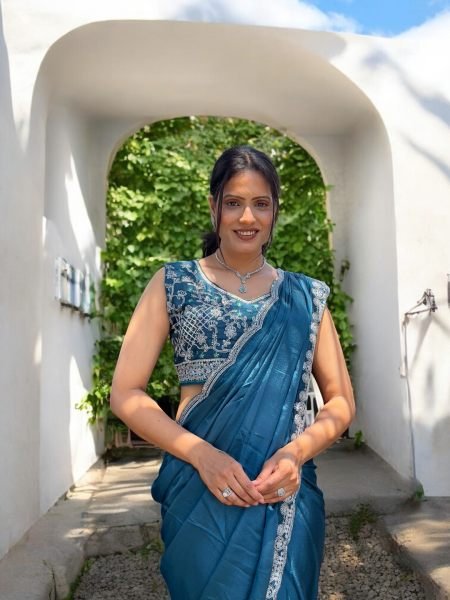 Ready To Wear Chinon Embroidery Work Saree With Stitched Blouse Ready To Wear Sarees