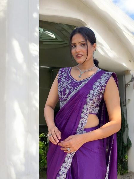 Ready To Wear Chinon Embroidery Work Saree With Stitched Blouse Ready To Wear Sarees