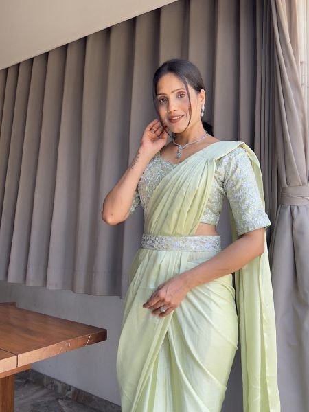 Ready To Wear Chinon Embroidery Work Saree With Stitched Blouse Ready To Wear Sarees
