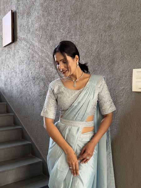  Ready To Wear Chinon Embroidery Work Saree With Stitched Blouse Ready To Wear Sarees
