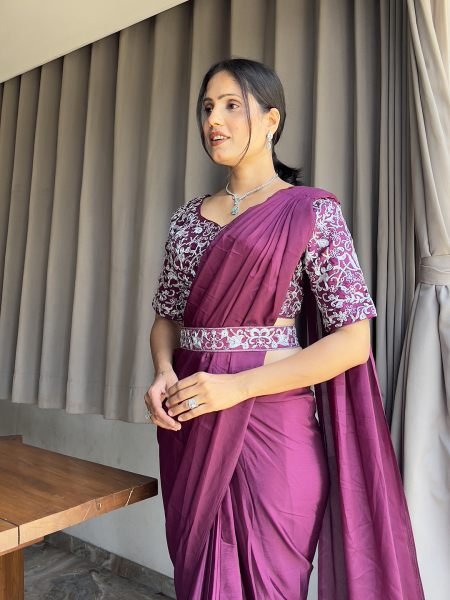  Ready To Wear Chinon Embroidery Work Saree With Stitched Blouse Ready To Wear Sarees