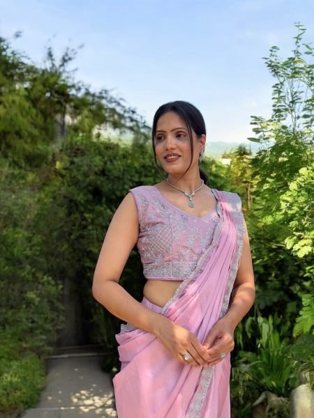 Ready To Wear Chinon Embroidery Work Saree With Stitched Blouse Ready To Wear Sarees