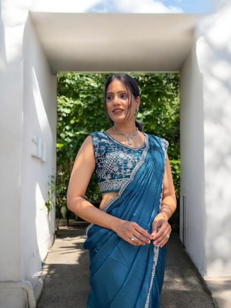 Ready To Wear Chinon Embroidery Work Saree With Stitched Blouse Ready To Wear Sarees