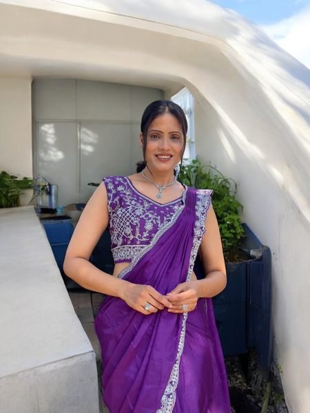 Ready To Wear Chinon Embroidery Work Saree With Stitched Blouse Ready To Wear Sarees