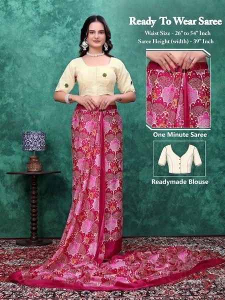 Ready to Wear Chinon Saree with Block Print Design With Readymade Blouse Saree