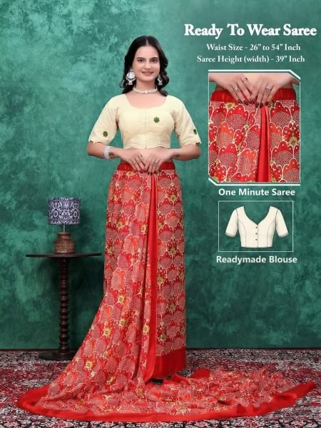 Ready to Wear Chinon Saree with Block Print Design With Readymade Blouse Saree
