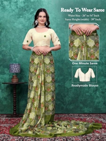 Ready to Wear Chinon Saree with Block Print Design With Readymade Blouse Saree