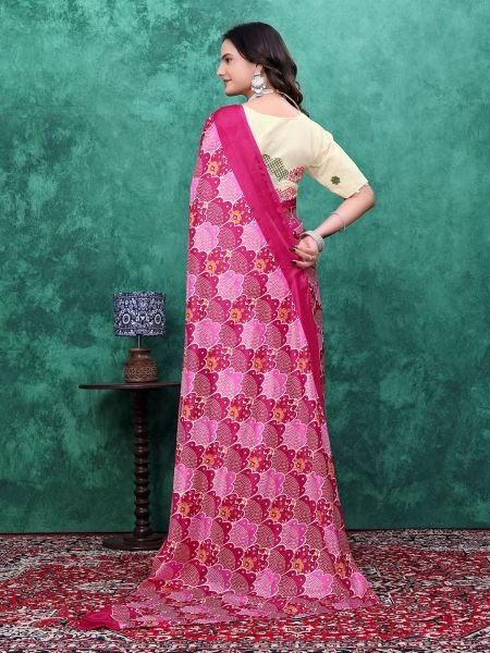 Ready to Wear Chinon Saree with Block Print Design With Readymade Blouse Ready To Wear Sarees