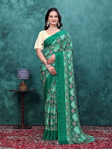 Ready to Wear Chinon Saree with Block Print Design With Readymade Blouse Ready To Wear Sarees