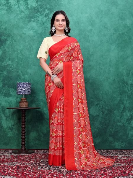 Ready to Wear Chinon Saree with Block Print Design With Readymade Blouse Ready To Wear Sarees