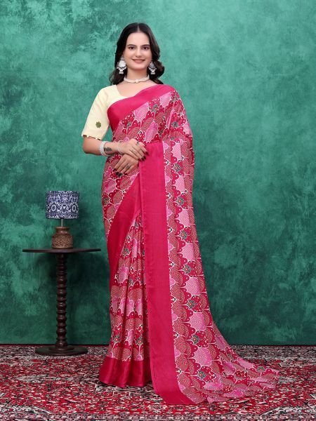 Ready to Wear Chinon Saree with Block Print Design With Readymade Blouse Ready To Wear Sarees