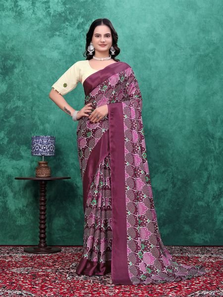 Ready to Wear Chinon Saree with Block Print Design With Readymade Blouse Ready To Wear Sarees