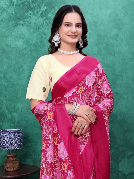 Ready to Wear Chinon Saree with Block Print Design With Readymade Blouse Ready To Wear Sarees