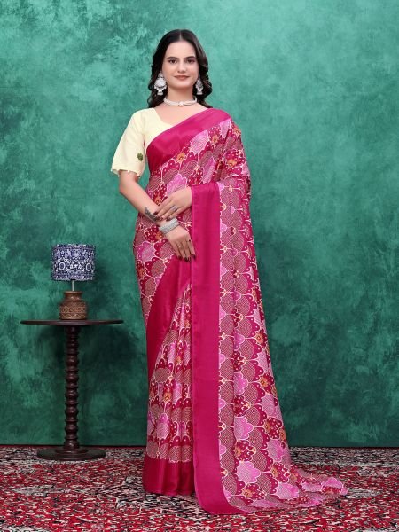Ready to Wear Chinon Saree with Block Print Design With Readymade Blouse Ready To Wear Sarees
