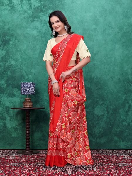 Ready to Wear Chinon Saree with Block Print Design With Readymade Blouse Ready To Wear Sarees