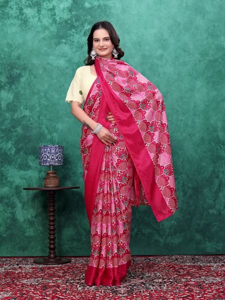 Ready to Wear Chinon Saree with Block Print Design With Readymade Blouse Ready To Wear Sarees