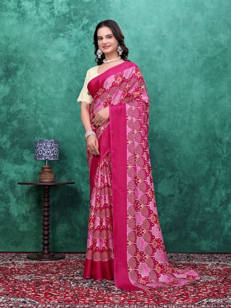 Ready to Wear Chinon Saree with Block Print Design With Readymade Blouse Ready To Wear Sarees