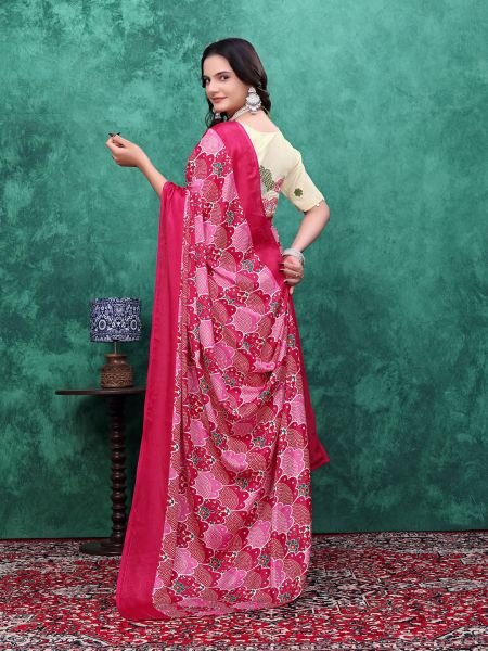 Ready to Wear Chinon Saree with Block Print Design With Readymade Blouse Ready To Wear Sarees