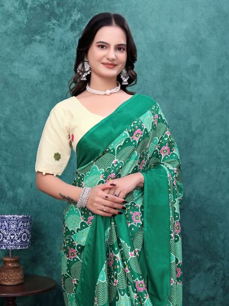 Ready to Wear Chinon Saree with Block Print Design With Readymade Blouse Ready To Wear Sarees
