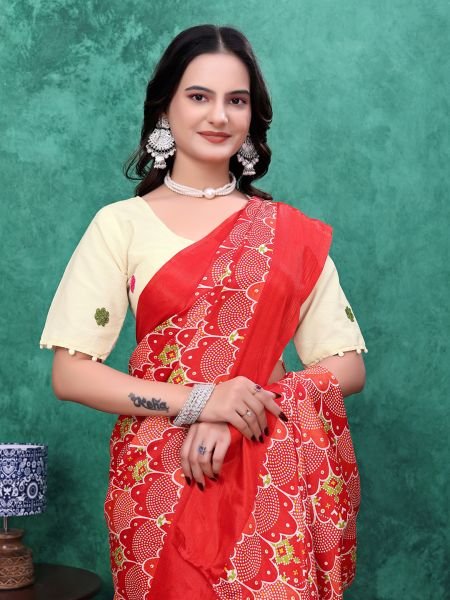 Ready to Wear Chinon Saree with Block Print Design With Readymade Blouse Ready To Wear Sarees