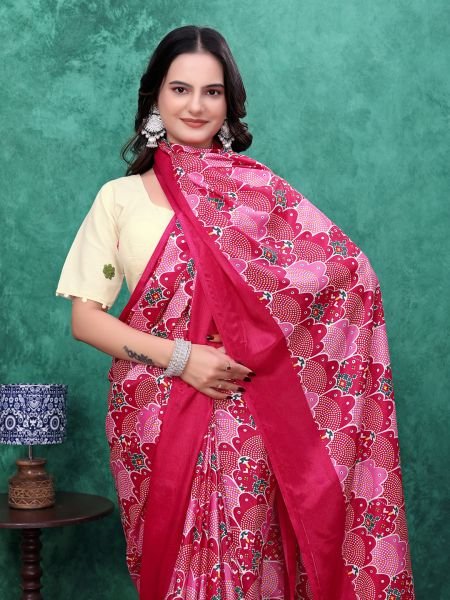 Ready to Wear Chinon Saree with Block Print Design With Readymade Blouse Ready To Wear Sarees