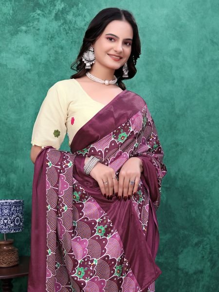 Ready to Wear Chinon Saree with Block Print Design With Readymade Blouse Ready To Wear Sarees