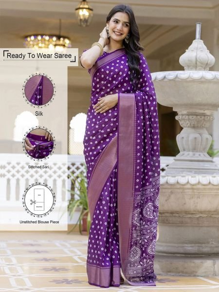Ready to Wear Dola Silk Bandhani Saree with Zari Woven Border    Daily Deals