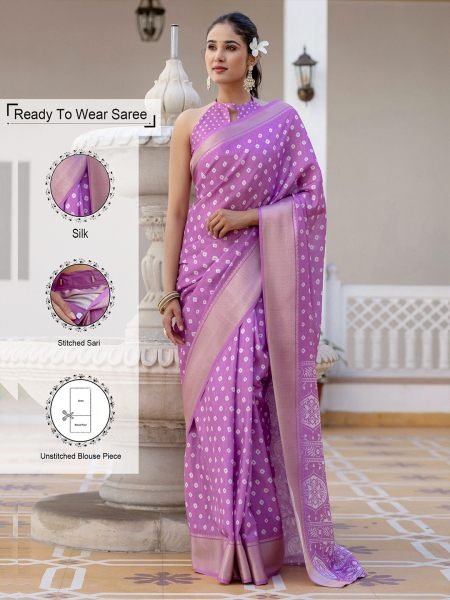 Ready to Wear Dola Silk Bandhani Saree with Zari Woven Border Daily Deals