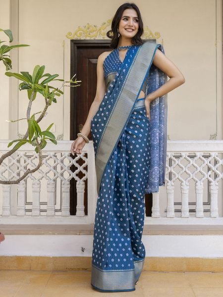 Ready to Wear Dola Silk Bandhani Saree with Zari Woven Border Ready To Wear Sarees