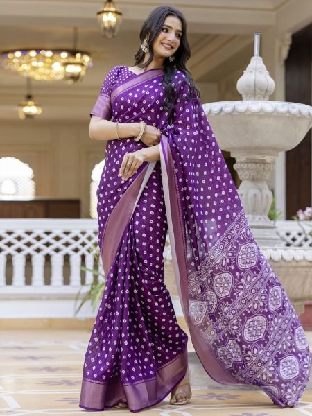 Ready to Wear Dola Silk Bandhani Saree with Zari Woven Border    Ready To Wear Sarees