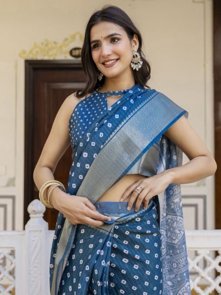Ready to Wear Dola Silk Bandhani Saree with Zari Woven Border Ready To Wear Sarees