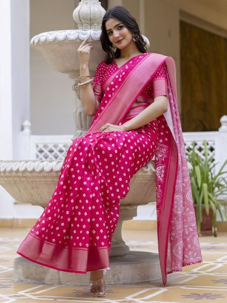 Ready to Wear Dola Silk Bandhani Saree with Zari Woven Border Ready To Wear Sarees