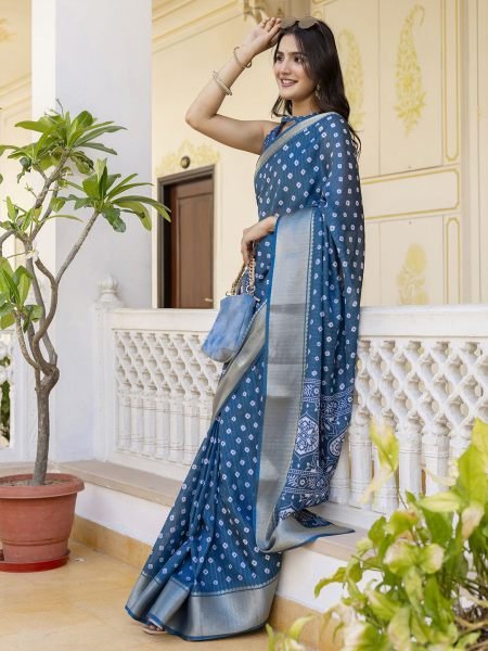 Ready to Wear Dola Silk Bandhani Saree with Zari Woven Border Ready To Wear Sarees