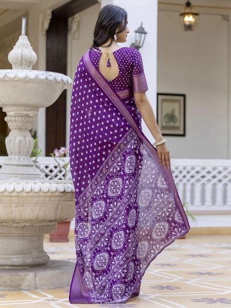 Ready to Wear Dola Silk Bandhani Saree with Zari Woven Border    Ready To Wear Sarees