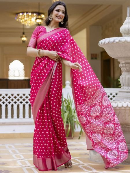 Ready to Wear Dola Silk Bandhani Saree with Zari Woven Border Ready To Wear Sarees